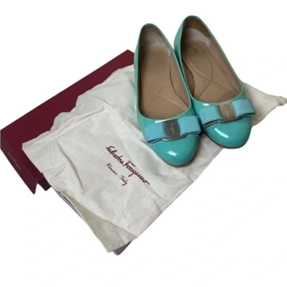 SALVATORE FERRAGAMO Turquoise Patent Lather Varina Ballet Flats - Picture 12 of 12